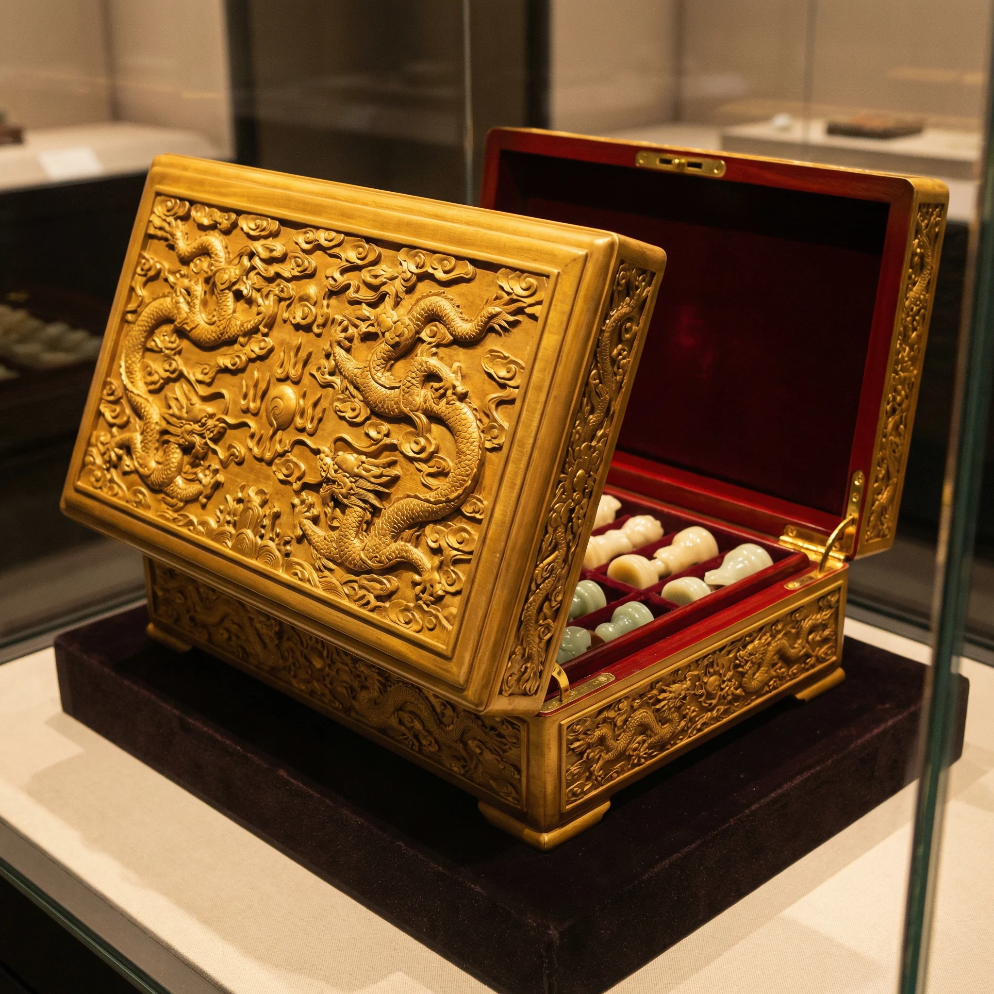 金丝楠木龙纹棋盒 - 天下棋牌 收藏品